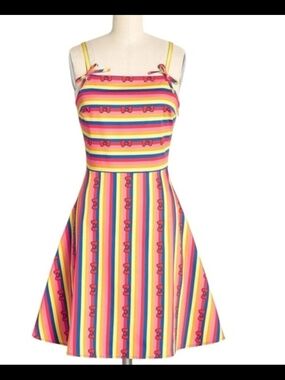 Hello Kitty Rainbow Stripe Bow-Print Mini Dress in Yellow & Pink